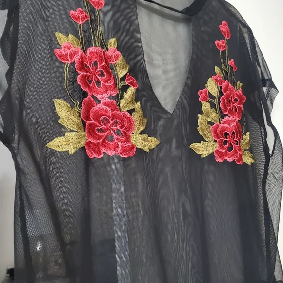 Wink Sheer Black Blouse with Red Floral Embroidery - Picture 4 of 5
